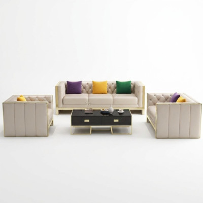 Beige Chesterfield Sofagarnitur 3+2 Sitzer Polstersofas Leder Wohnzimmer Garnitur