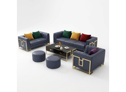 Blaue Sofagarnitur Leder 3+2 Sitzer Set Polstersofas Wohnzimmer Couchen