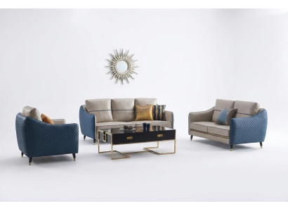 Blau-Beige Sofagarnitur 3+2 Ledersitzer Set Design Polstercouchen Deko Möbel