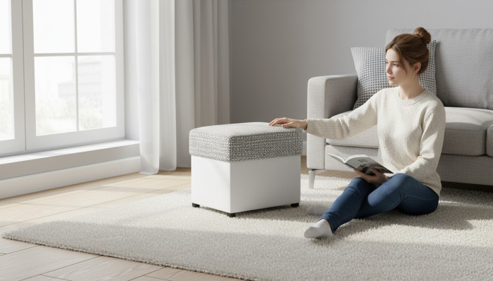Hocker Polsterhocker Fuß Ablage Möbel Wohnen Sitzbänke Sitz Textil Grau