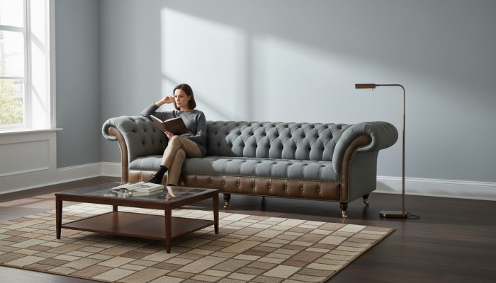 Chesterfield 4 Sitzer Grau Stoff Wohnzimmer Design Polster Sofa Big Textil Möbel