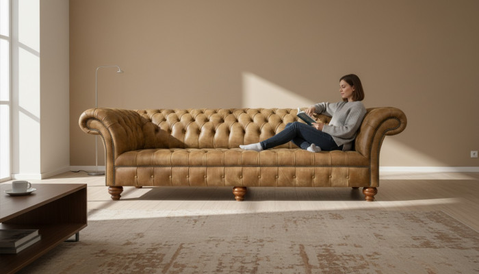 Chesterfield 4 Sitzer Hellbraun Modern Design Couchen Leder Sofa Kreative Möbel