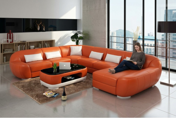 Modernes Ledersofa Ecksofa Wohnlandschaft Sitz Polster Couch Garnitur Neu FEo