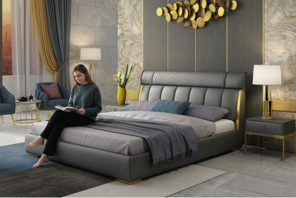 Modernes graues Lederschlafzimmer mit goldenen Edelstahleinsätzen