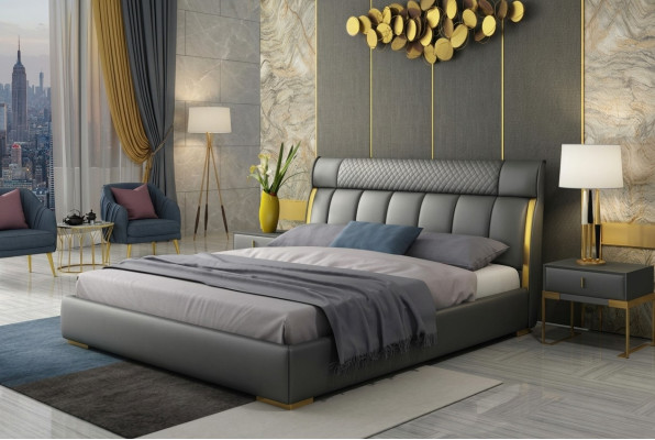 Modernes graues Lederschlafzimmer mit goldenen Edelstahleinsätzen