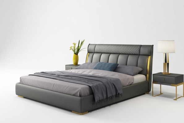 Modernes graues Lederschlafzimmer mit goldenen Edelstahleinsätzen