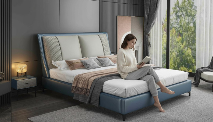 Designer Bett Schlafzimmer Betten Textil Leder Hotel Luxus Polster Samt Stoff
