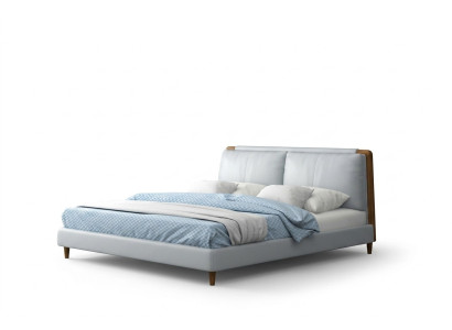 Moderne Doppelbett 180x200 in weißem Lederdesign auf Holzbeinen