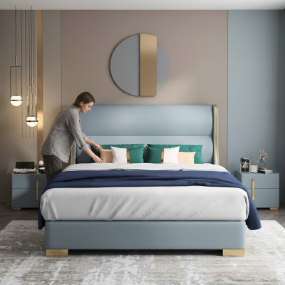 Luxus Schlafzimmer Designer Doppelbett Bett 150/180x200cm Leder Metall