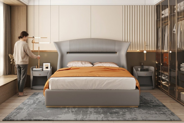 Graues Leder Bett Design Schlafzimmer Möbel Doppelbett Luxus Hotel