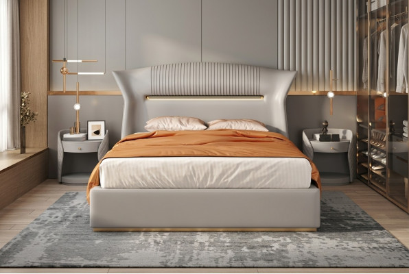 Graues Leder Bett Design Schlafzimmer Möbel Doppelbett Luxus Hotel