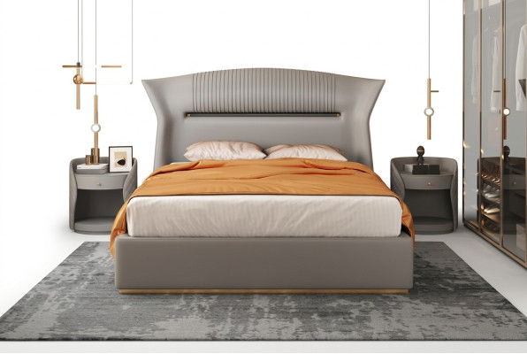 Graues Leder Bett Design Schlafzimmer Möbel Doppelbett Luxus Hotel