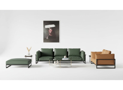 Braun-Grüne 3+2 Sitzer Ledergarnitur Wohnzimmer Kunstleder Couch-Set