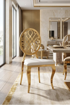 Design Stuhl Lehnstuhl Polster Stühle Luxus Textil Edelstahl Sessel Esszimer