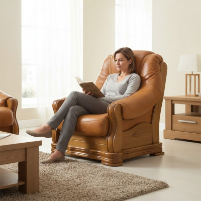 Sessel Fernseh Holz Sessel Echtes Leder Gepolsterter Sitz Lounge Club Möbel Neu