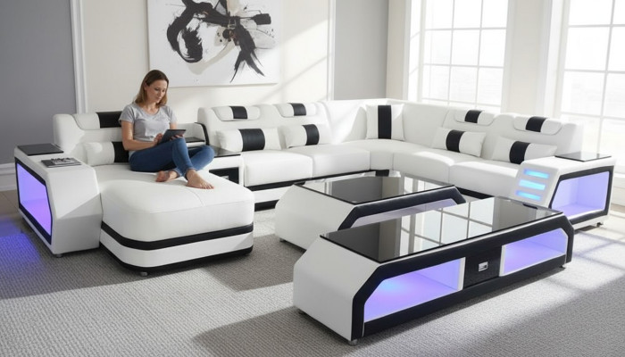 U Form Wohnlandschaft Modern Luxus Couchen Ecksofa U-Form Couch Kunstleder Weiß