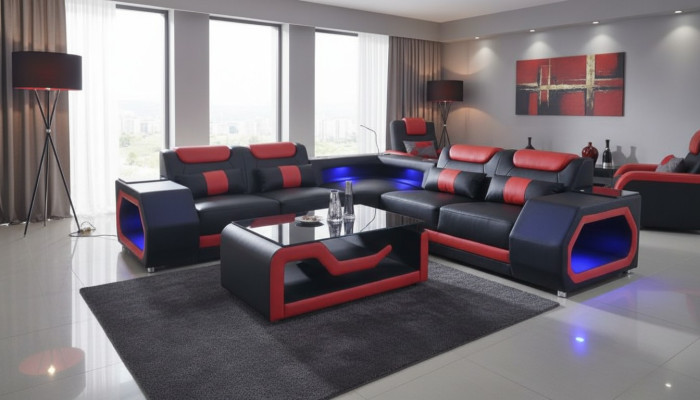 Wohnzimmer Ecksofa L-Form Leder Holz Modernes Design Polsterung Couch Neu
