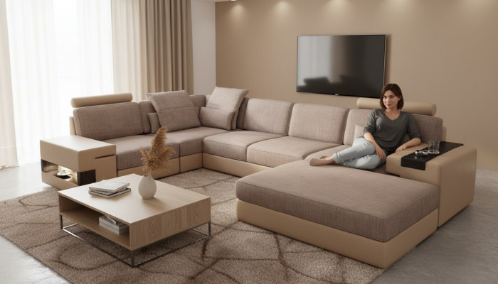 Sofas Ecksofa Leder Wohnzimmer Holz Bereich Hocker moderne L Form NEU Set