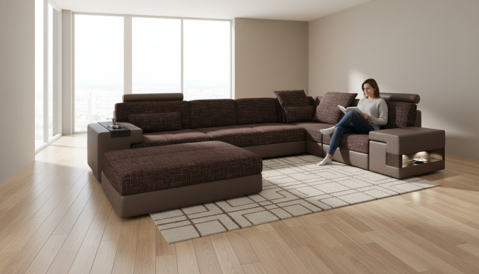 Moderne Designer Ecksofa L-Form Möbel Polster Textil mit Hocker 2tlg Set Neu