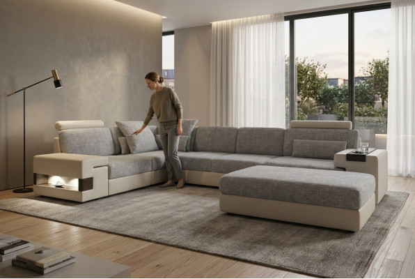 Wohnraum L-Form Modern Design Sofa Sofas Sitzecke mit Hocker Wohnlanschaft Möbel