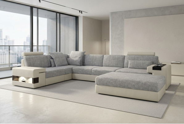 Wohnraum L-Form Modern Design Sofa Sofas Sitzecke mit Hocker Wohnlanschaft Möbel