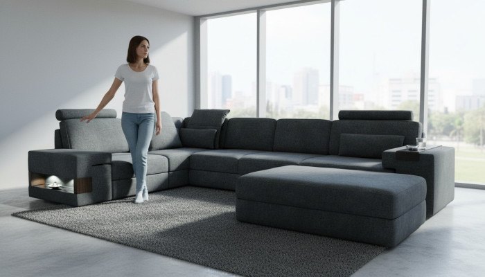 Design Sofa Couch Ecke mit Hocker Polstermöbel Wohnzimmer L-Form Modern Luxus