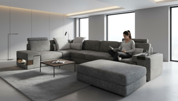Wohnzimmer L-Form modern elegant Design Couch Ecksofa Hocker Polstermöbel NEU