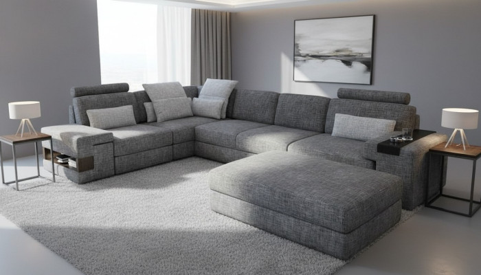 Wohnzimmer L-Form modern elegant Design Couch Ecksofa Hocker Polstermöbel NEU