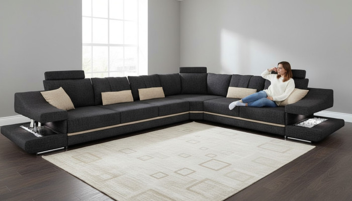 Wohnzimmer Textil Schwarz Sofa Sofas L-FormSitz Farbe Ecksofa Couch Polstermöbel