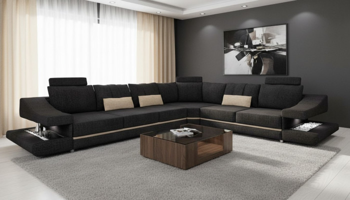 Wohnzimmer Textil Schwarz Sofa Sofas L-FormSitz Farbe Ecksofa Couch Polstermöbel