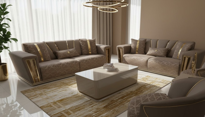 3+3 Sitzer Modern Sofagarnitur Sessel Textil Grau Sofa 3 Sit Luxus Komplett 2tlg