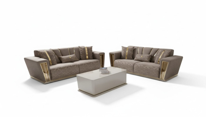 3+3 Sitzer Modern Sofagarnitur Sessel Textil Grau Sofa 3 Sit Luxus Komplett 2tlg