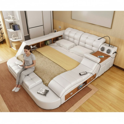 Doppel Luxus Leder Bett + USB Polster Betten Moderne Hotel Multifunktion Sofort