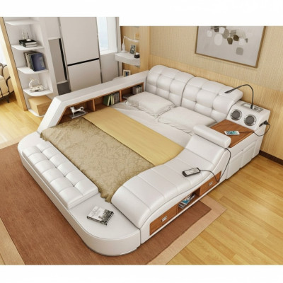 Doppel Luxus Leder Bett + USB Polster Betten Moderne Hotel Multifunktion Sofort