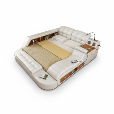 Doppel Luxus Leder Bett + USB Polster Betten Moderne Hotel Multifunktion Sofort