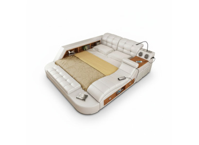 Doppel Luxus Leder Bett + USB Polster Betten Moderne Hotel Multifunktion Sofort