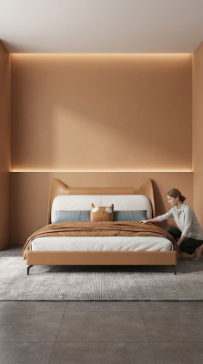 Modernes Hotel Leder Stoff Doppelbett 160x200cm Designer Bett Doppel
