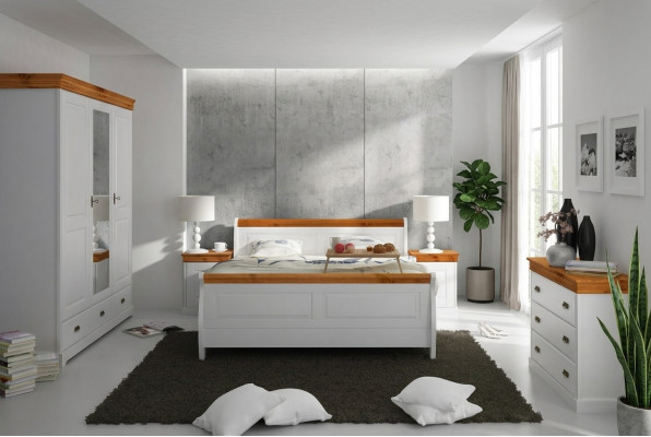 Landhaus Bett Kleiderschrank Nachttisch Schlafzimmer Komplett Holz Set 5tlg Neu