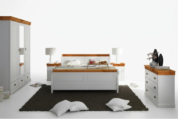 Landhaus Bett Kleiderschrank Nachttisch Schlafzimmer Komplett Holz Set 5tlg Neu