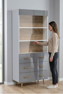 Vitrine Anrichte Schrank Regal Modern Stil Wohnzimmer Kollektion Grau Vitrinen