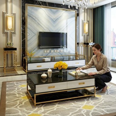 Luxus Metall Couchtisch Gold Schwarz Hochglanz Sofa Wohnzimmer Tisch