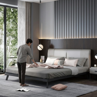 Luxus Design Leder Bett Metall Gold Betten Polster Hotel 180x200cm Grau