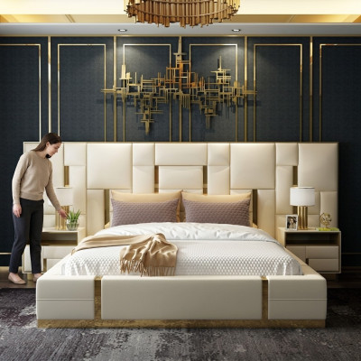 Hotelbett Luxus Design Betten Polster Deko Metall Leder Schlafzimmer XXL