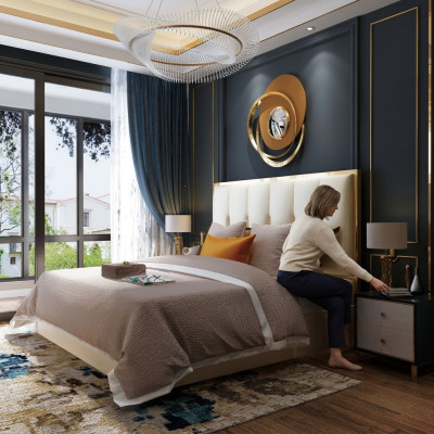 Luxus Design Leder Bett Metall Gold Betten Polster Hotel Schlafzimmer