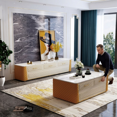 Ovaler Couchtisch Design Wohnzimmer Tisch Marmor Imitation Leder