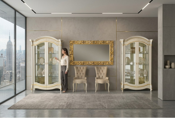 Klassische Wohnzimmer Möbel Weiß Gold Holz Schaufenster Vitrine Schrank Möbel