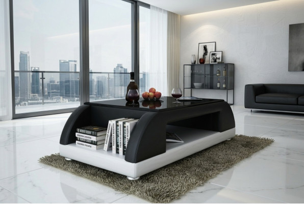 Modern Couch Polster Leder Tisch Wohnzimmer Beistell Glas Tische