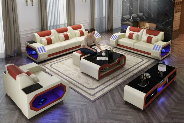 Ledersofa Couch Sofa Garnitur 3+1+1 - Beleuchtete Designer Couchen Neu