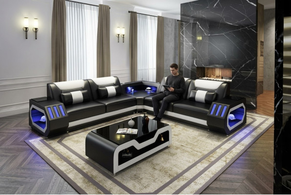 LED Beleuchtete Ecksofa Wohnzimmer Leder Couch Sitz Polster Wohnlandschaft Sofa
