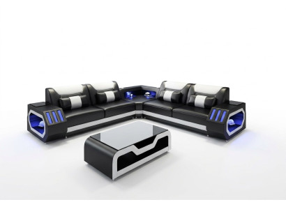 LED Beleuchtete Ecksofa Wohnzimmer Leder Couch Sitz Polster Wohnlandschaft Sofa